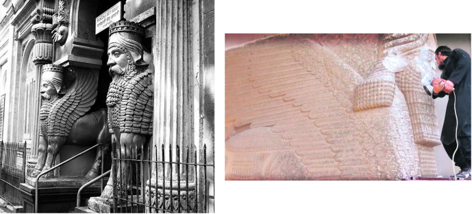 Lamassu statues (left) similar to the ones destroyed by ISIS in Nimrud (right).