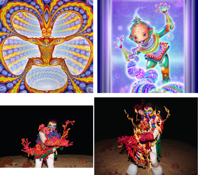 Psychedelic elves compared to images of Björk's Earth Intruder costume.